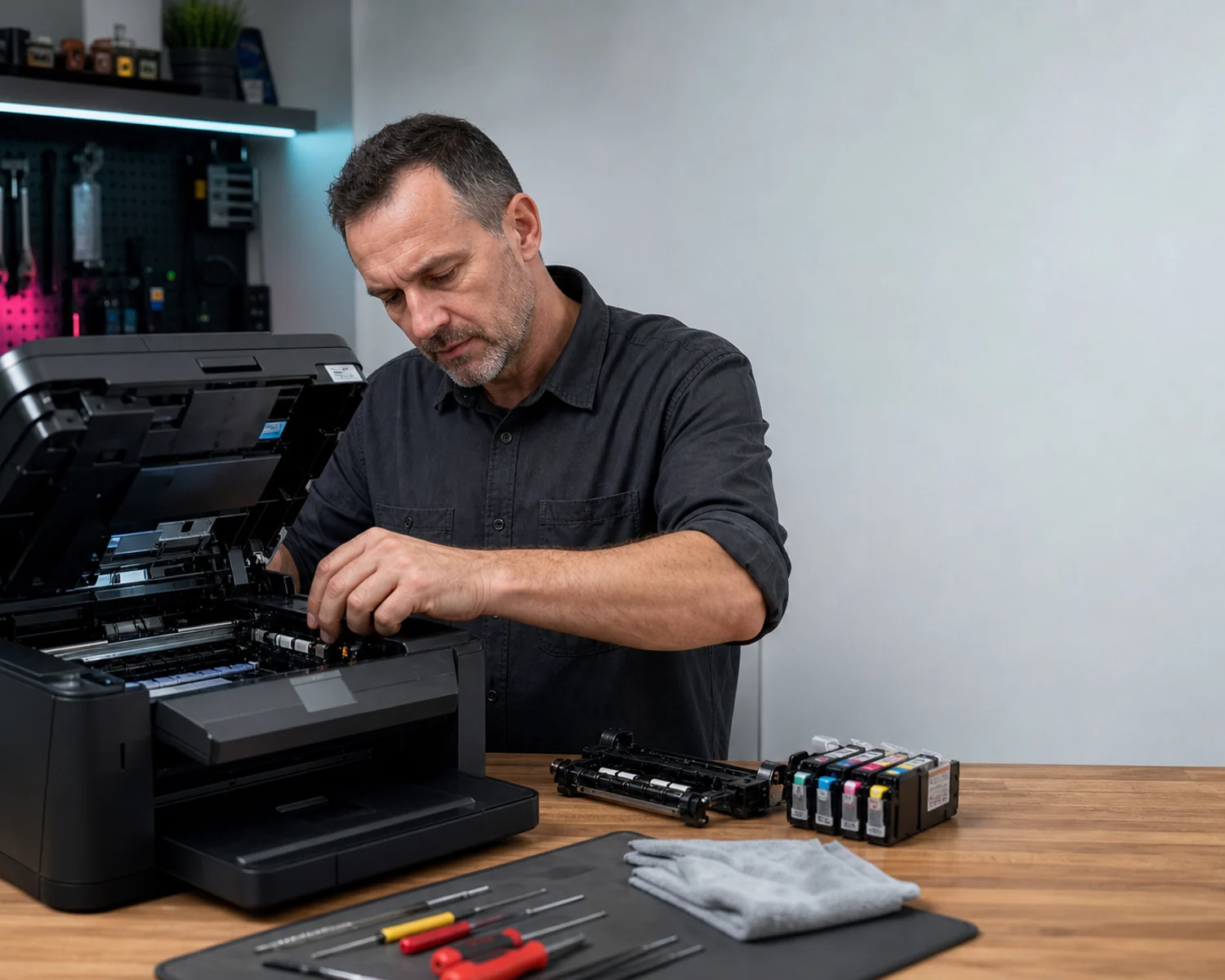 Technik podczas diagnostyki mechanizmu drukarki